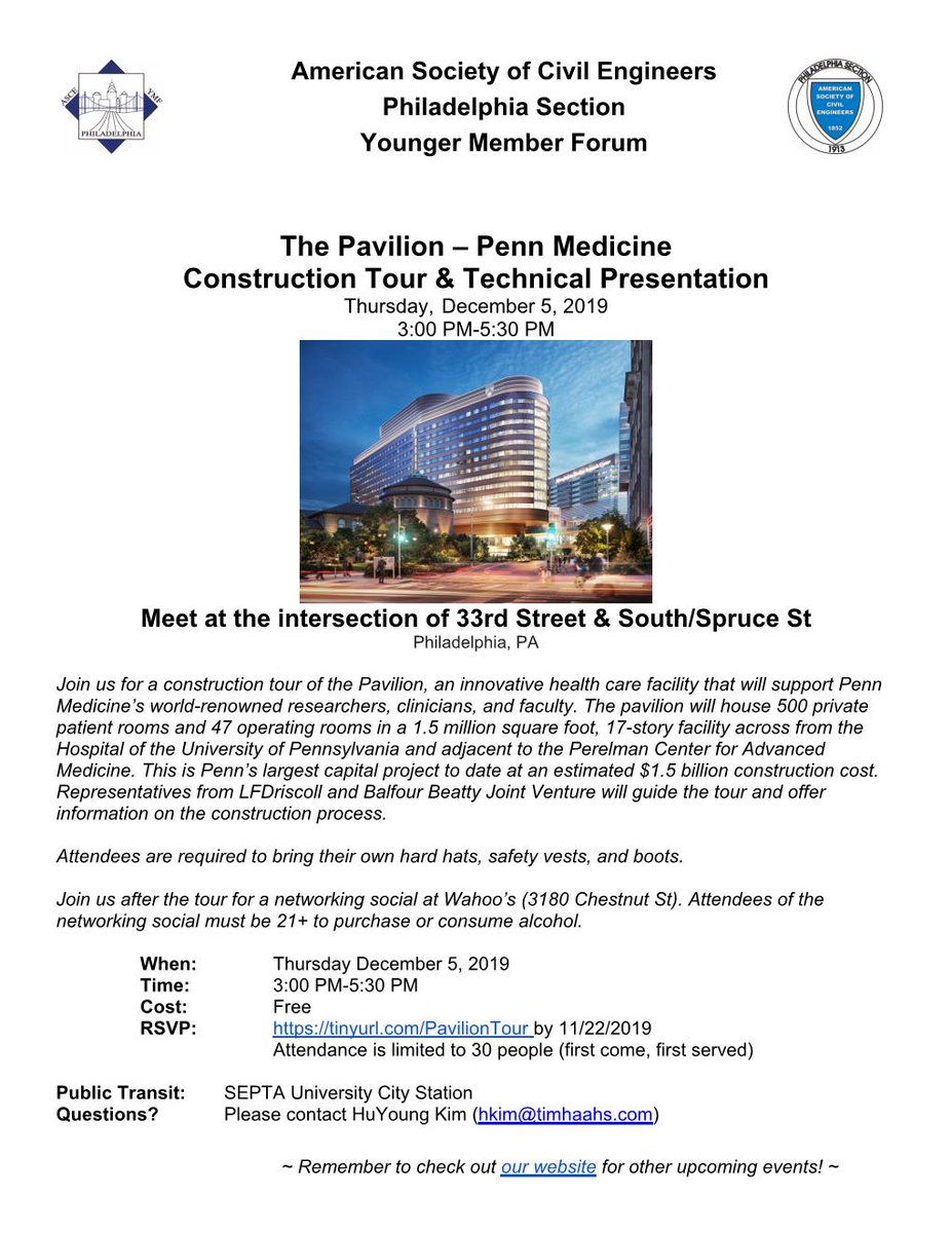 ASCEPhillyYMF's tweet photo. Join us for The Pavilion - Penn Medicine Construction Tour & Technical Presentation on Thursday, December 5, 2019 3-5:30 pm. RSVP by November 22 on our website. #ASCEPhillyYMF https://t.co/jCx4PpFmCg