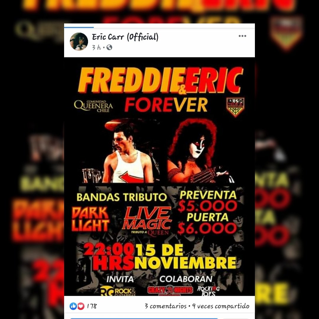 kissarmycl's tweet photo. Muy contentos y emocionados que @EricCarr_TheFox se  haga parte de la invitación a éste evento que estamos preparando con mucho cariño con @C_QueeneraChile 
Gracias Loretta 
@kiss @CarrieStevensXO @brucekulick @loboaraneda @rodrigosepu @alfaxis https://t.co/ULKqL2pEo2