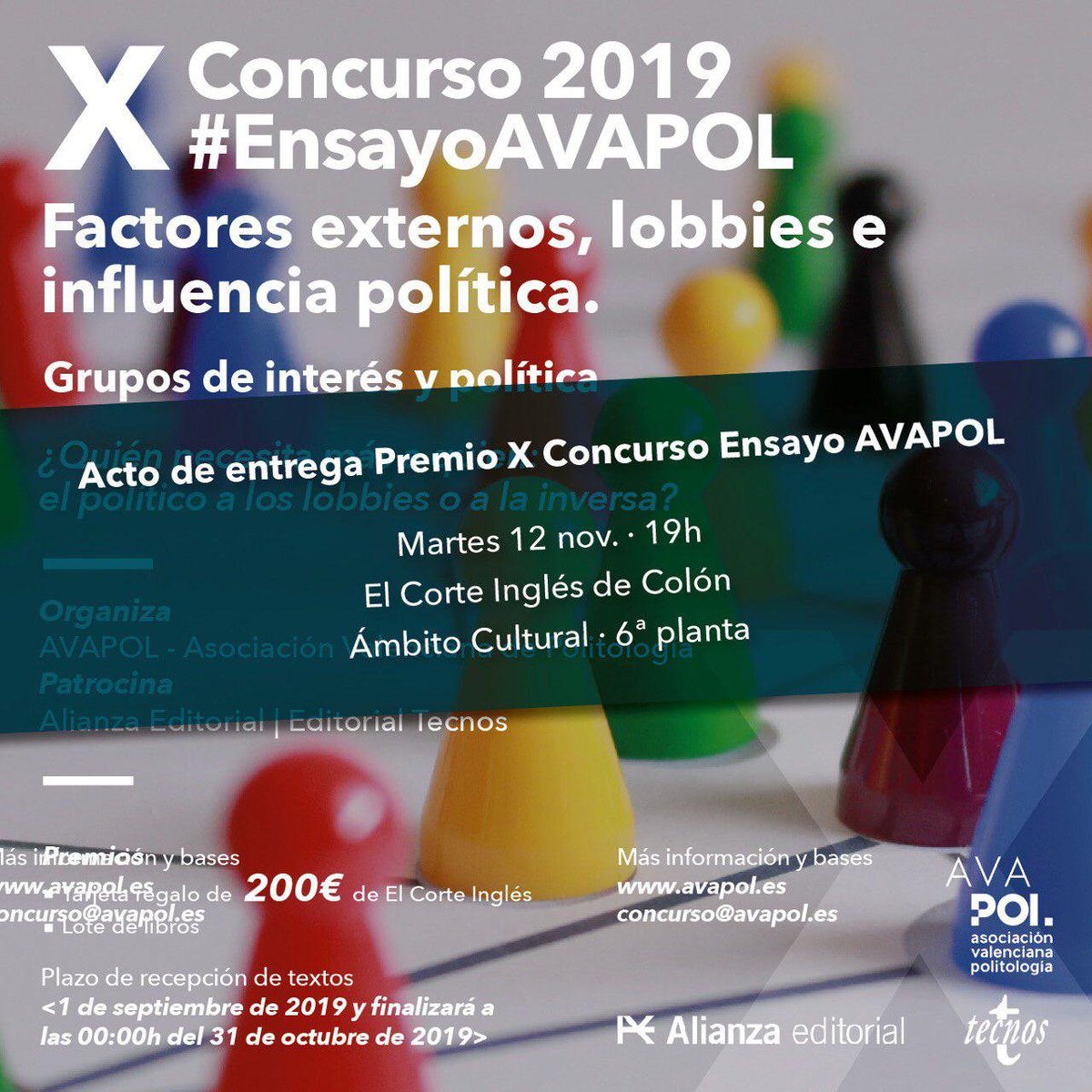 AVAPOL's tweet photo. Entrega de premios X Concurso #EnsayoAvapol el próximo 12 de noviembre en @elcorteingles de la calle Colón de Valencia, a las 19h, te espereamos. #Valencia #AVAPOL #Politologia #concurso https://t.co/Z8xDxqWSki