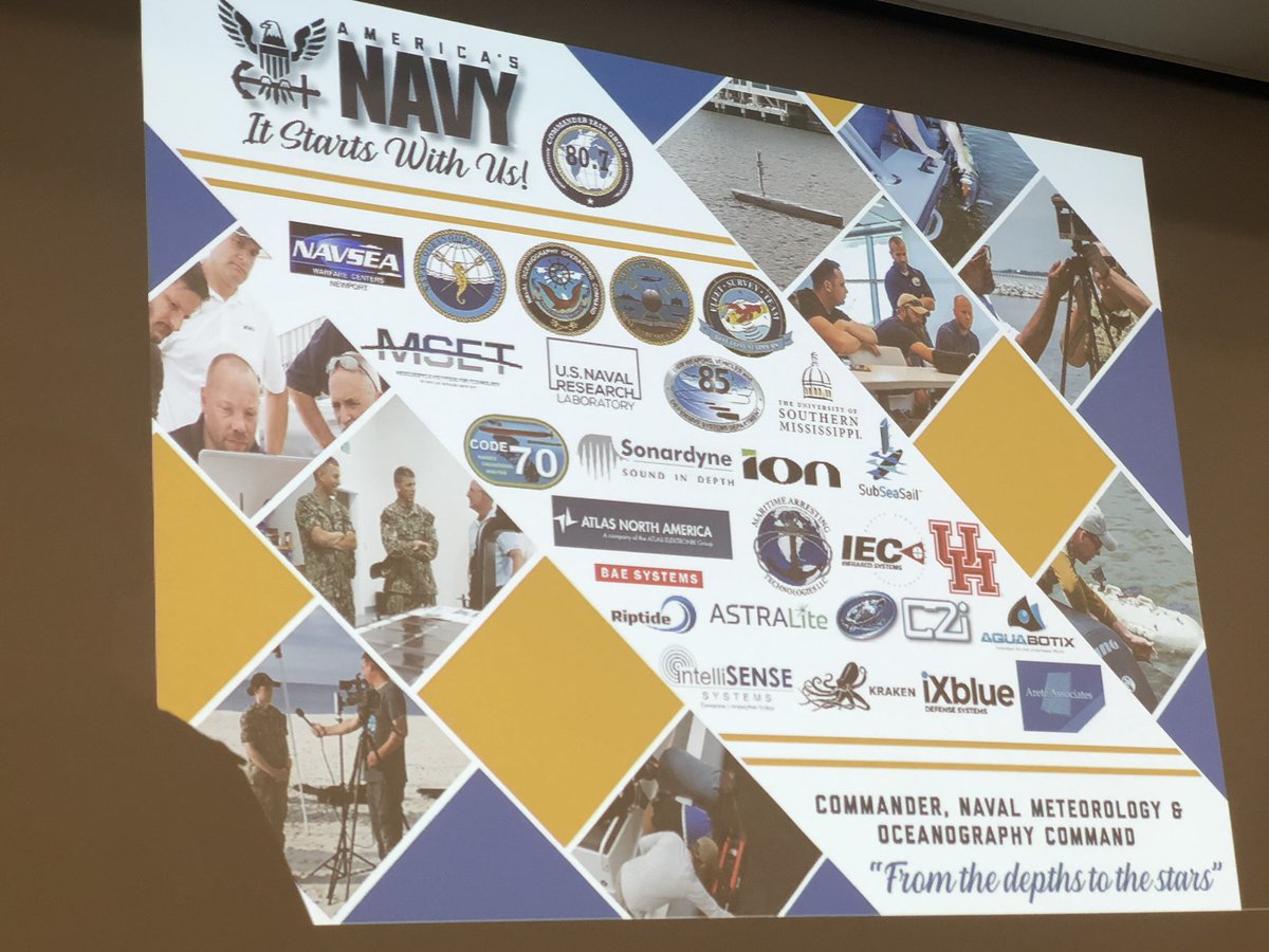 MTSociety's tweet photo. RDML John A. Okon, Commander, Naval Meterology and Oceanography Command, Commander, Task Group 80.7 @ #OceansinAction #OiA19 discussing the U.S. Navy’s future use of #marinetechnology. https://t.co/WDxgSj4VEf