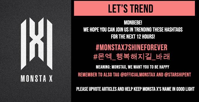 Hello. This is MONBEBE entertainment.

‼NEW HASHTAG ALERT‼

REPLY (7) TIMES WITH THE HASHTAGS
#MonstaX7ShineForever
#몬엑_행복해지길_바래

It is DAY 6! Can we close a week on trending Monbebes?

Put context in your tweets and lets get on worldwide trending again 👊

Thank You♥️