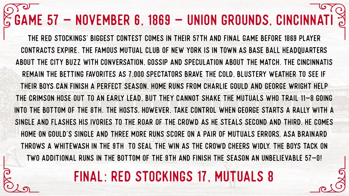 150 years ago today, the mythical 1869 Cincinnati Red Stockings complete their perfect season! #BornToBaseball