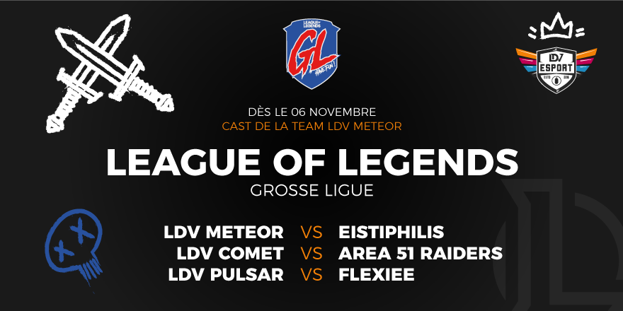 LDVEsport's tweet photo. [GROSSE LIGUE]
Ce soir, nos équipes LOL feront leurs premiers matchs de poule dans le tournoi de la Grosse Ligue ! 😎 💪 
Et les #LdvMeteor seront en stream pour leur première confrontation sur notre chaîne Twitch !!  🎬
Venez nombreux !! 🙌 #LdvWin
▶️ https://t.co/nkQEwuEmwM https://t.co/XasQmz3rjw