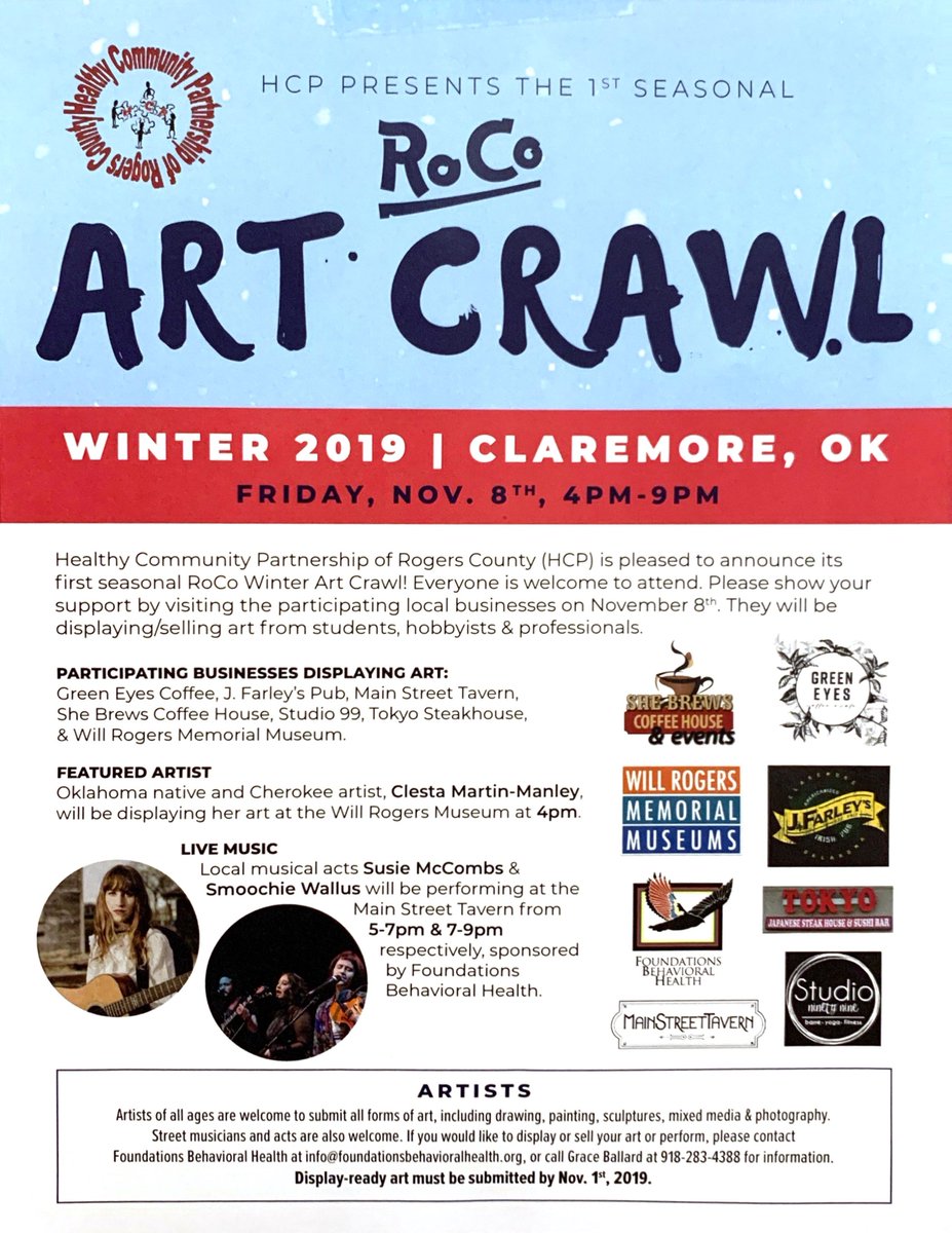 mstclaremore's tweet photo. We’re pleased to be a part of the Rogers County Art Crawl this upcoming Friday November 8th! We’ll have a ton of local art on display and live music sponsored by Foundations Behavioral Health from 5-7pm and 7-9pm! Be sure to come out and enjoy the art and some great specials! https://t.co/zWBz7Z5poB