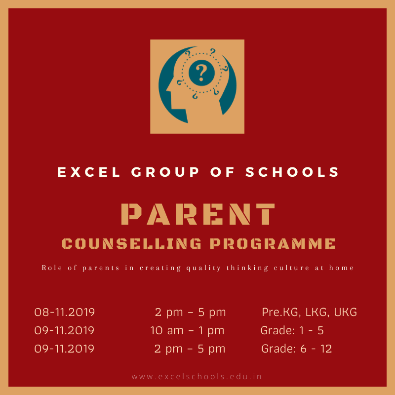 excel_schools's tweet photo. Parent Counselling Programme 
Role of parents in creating quality thinking culture at home
Department of Counselling | Excel Group of Schools https://t.co/Jmvr7L7u3y
