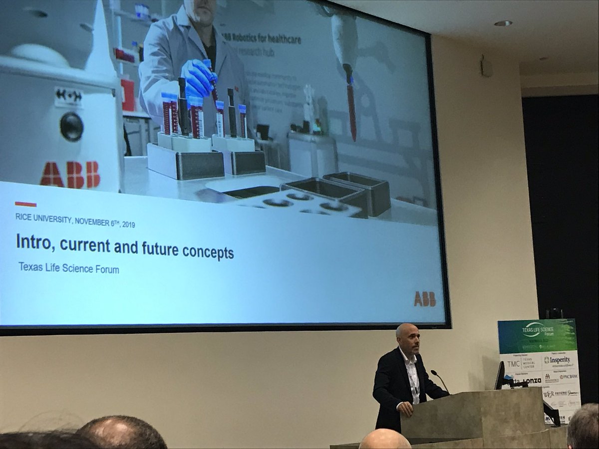 AmpSciences's tweet photo. @ABBRoboticsUSA for Healthcare Chema Collados takes the stage during #Texaslifescienceforum discussing their game changing robotics for lab automation @ricealliance @BioHouston @RiceUniversity https://t.co/sqQtim7twe