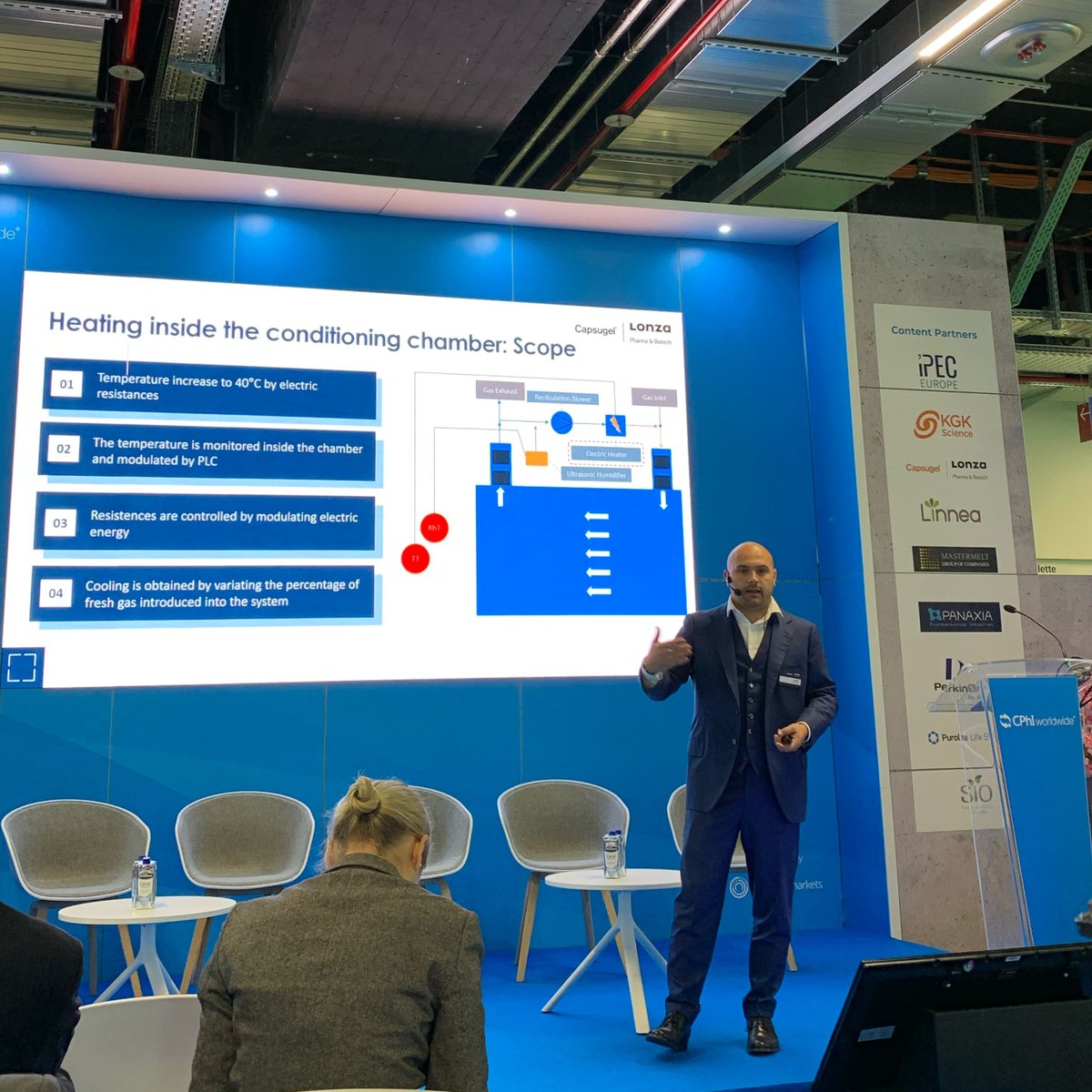 CapsugelNews's tweet photo. “At #Capsugel, we are innovating micronization equipment to ensure operator safety and OEL below industry guidelines.” Mattia Wiedemeier speaks about the #Lonza Engine equipment portfolio at #CPhIWW https://t.co/lO2rWNzi0Y