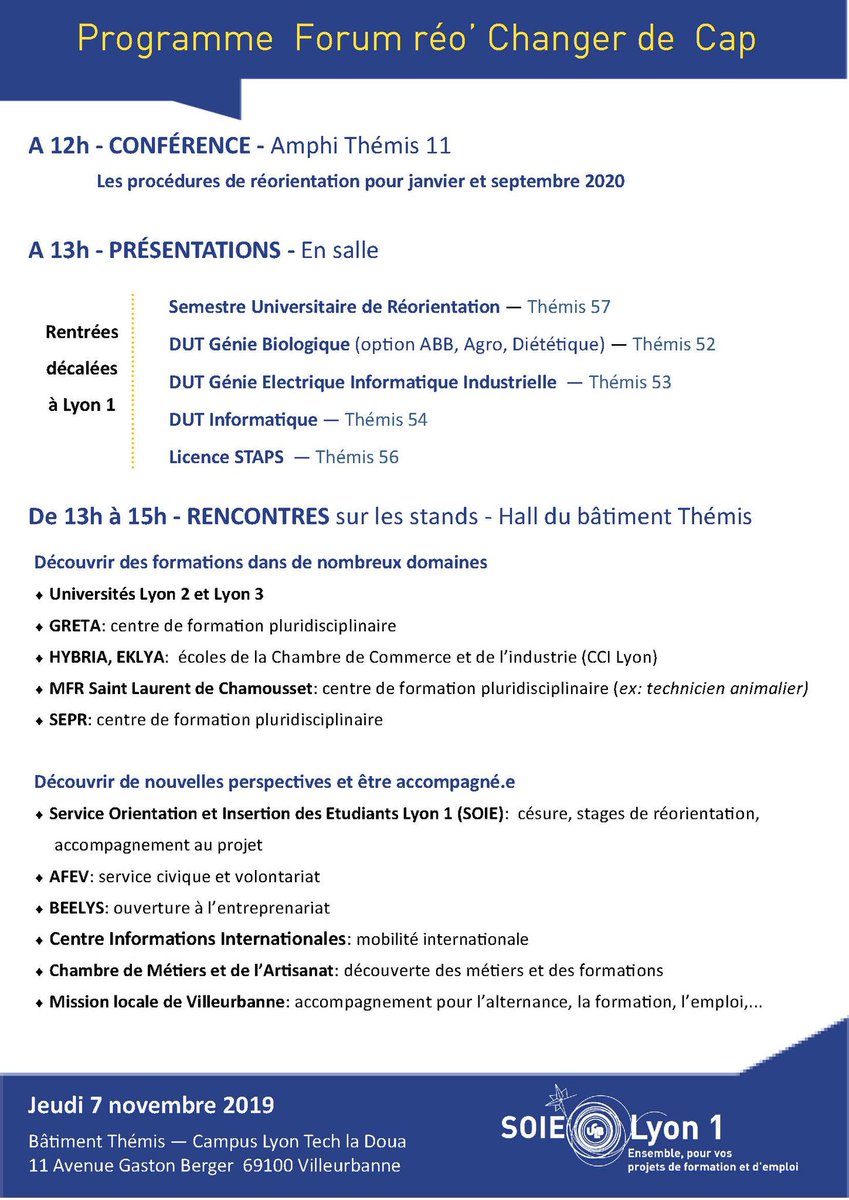 UnivLyon1's tweet photo. DEMANDEZ LE PROGRAMME
🧭Ce jeudi, forum "Changer de Cap" avec le @SoieLyon1 pour vous accompagner dans vos projets de réorientation et répondre à vos interrogations ! https://t.co/nrf85nwU5w