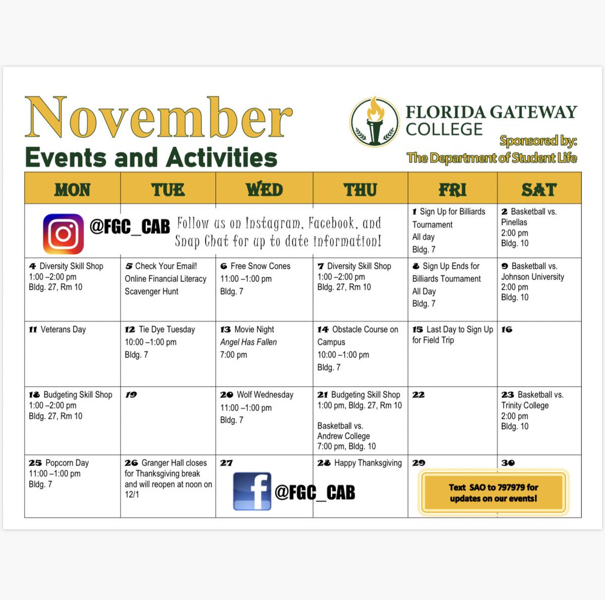 FGCSAO's tweet photo. Take a peek at our NOVEMBER calendar for events happening on campus ! 🤩 Happening today in BLDG 7 we will have snow cones from 11am-1pm !!💛💚🐺 https://t.co/UW9PK8P2bp