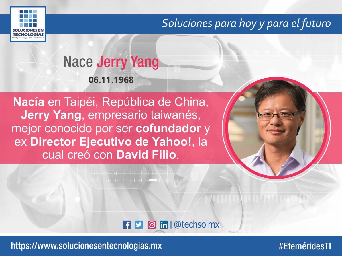 techsolmx's tweet photo. Un día como hoy (06/11/1968): Nacía en Taipéi, República de China, Jerry Yang, empresario taiwanés, mejor conocido por ser cofundador y ex Director Ejecutivo de Yahoo!, la cual creó con David Filio https://t.co/0CrC3wF3xY
#EfeméridesTI #JerryYang #Yahoo #CEO #DavidFilio #TIC #IT https://t.co/S7A9JQwFKX