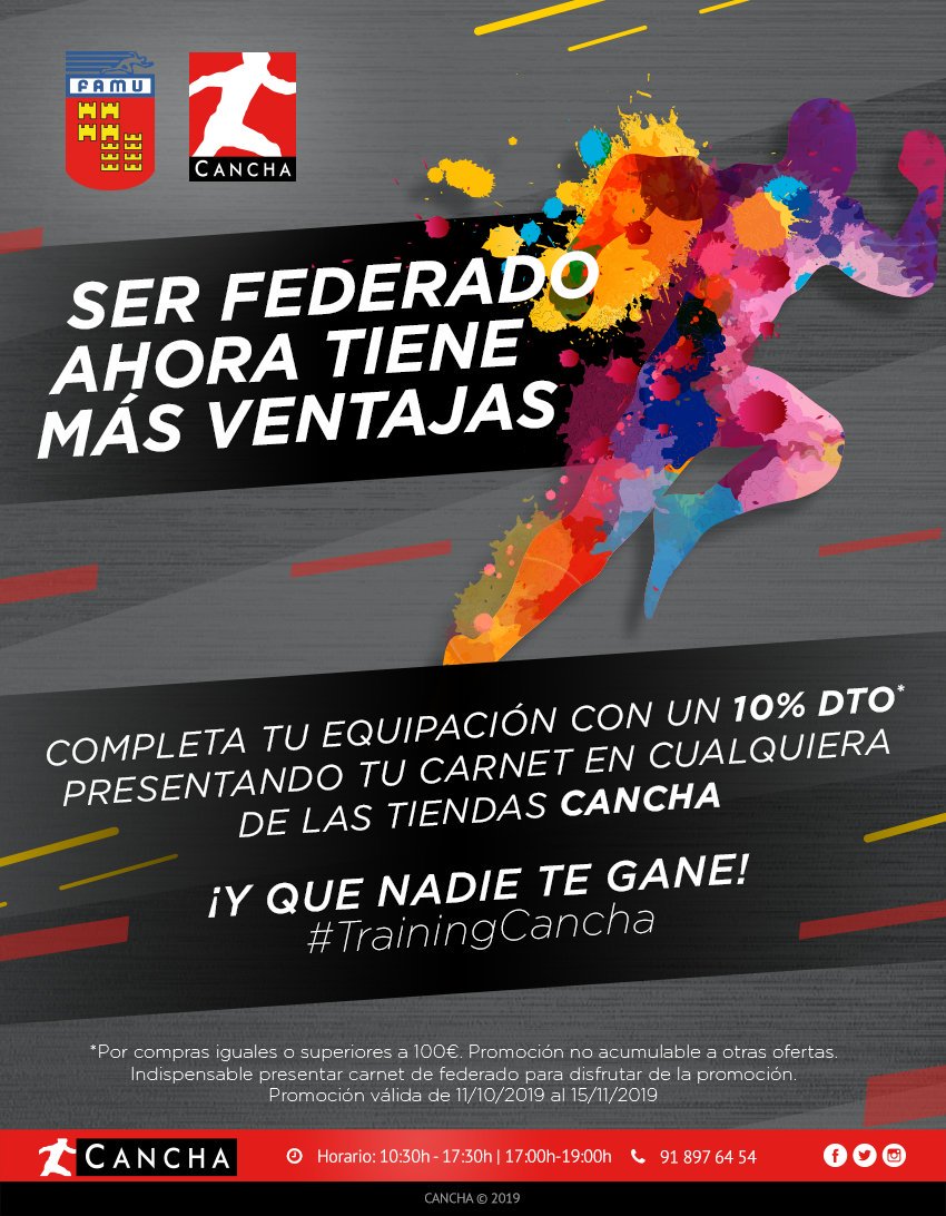 Hasta el 15 de noviembre, descuento exclusivo para federados FAMU en cualquier tienda CANCHA
famu.es/Noticia.aspx?i…
