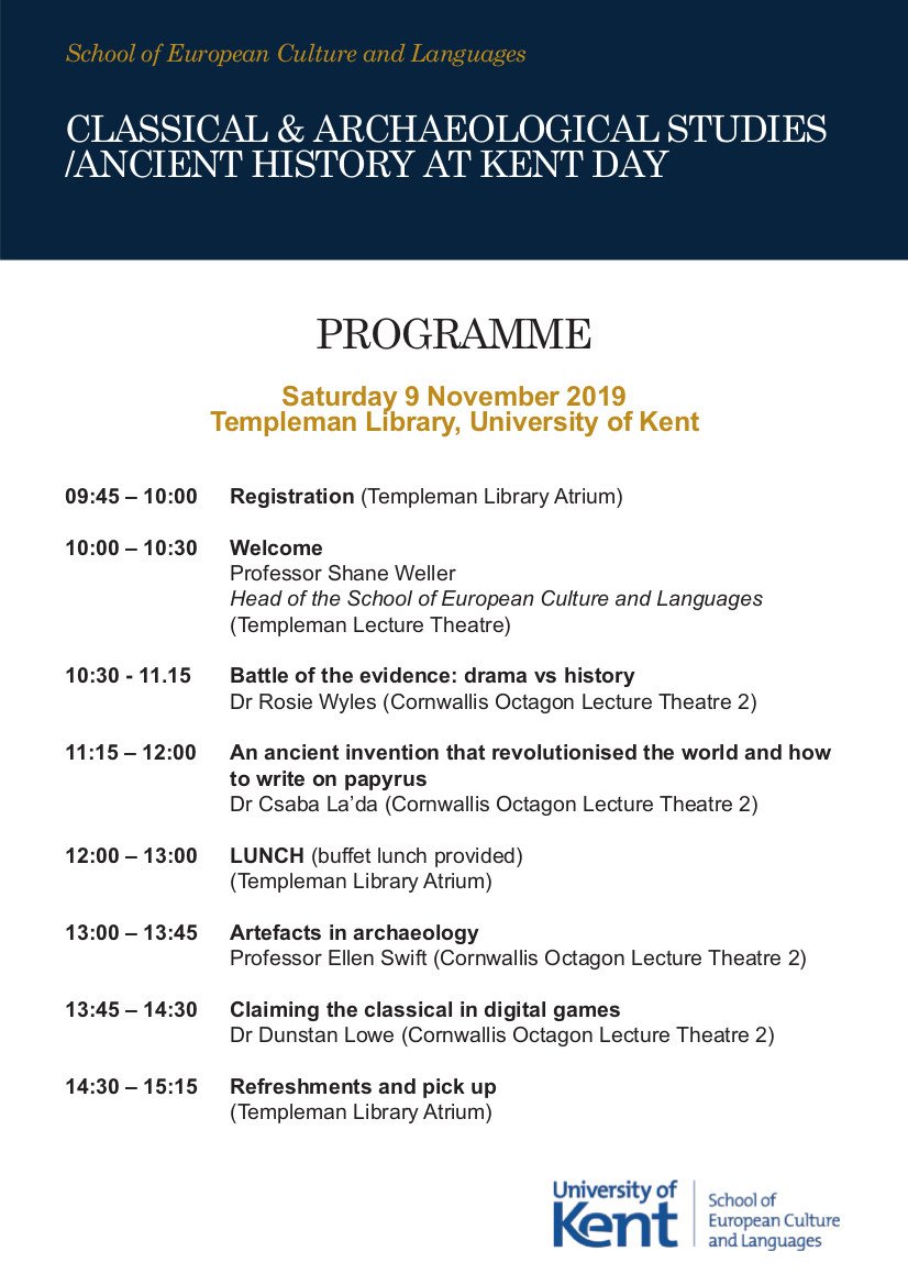 On Saturday I'm part of a whole day of events for our new and future students! My talk's about #digitalgames, and it's part of our Claiming the Classical theme. Looking forward to it! @UniKentSECL