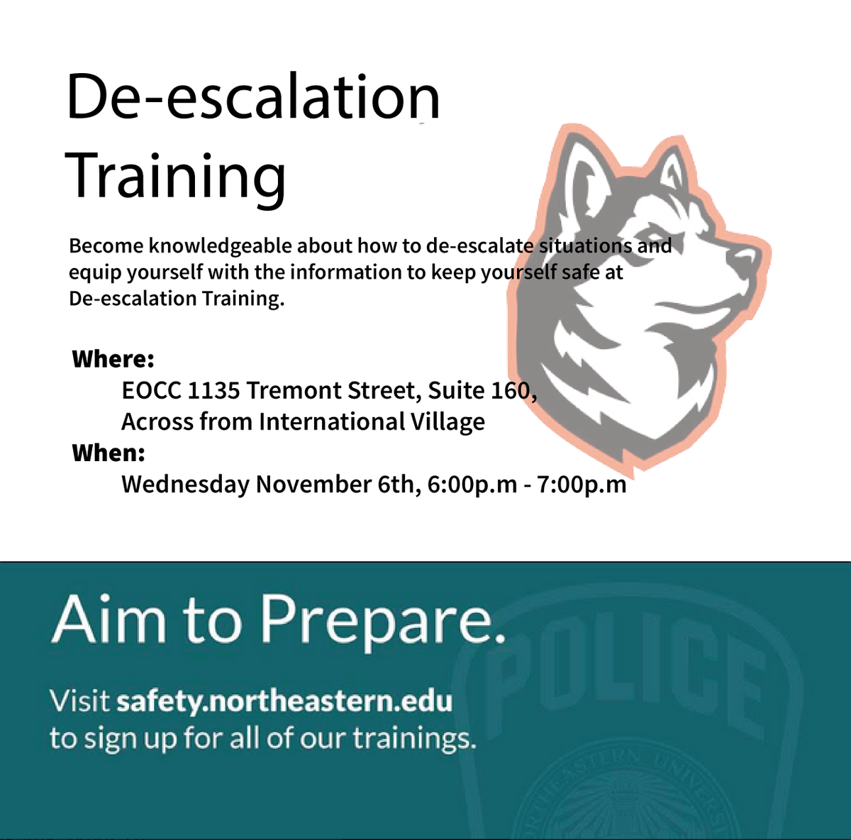 northeasternpd's tweet photo. An informative & free hour-long training session TONIGHT at our Emergency Operations & Communications Center classroom. We offer practical tips on how to de-escalate emotionally charged situations by opening up lines of communication, all-the-while remaining safe. #AimToPrepare https://t.co/EatEgEoCAx