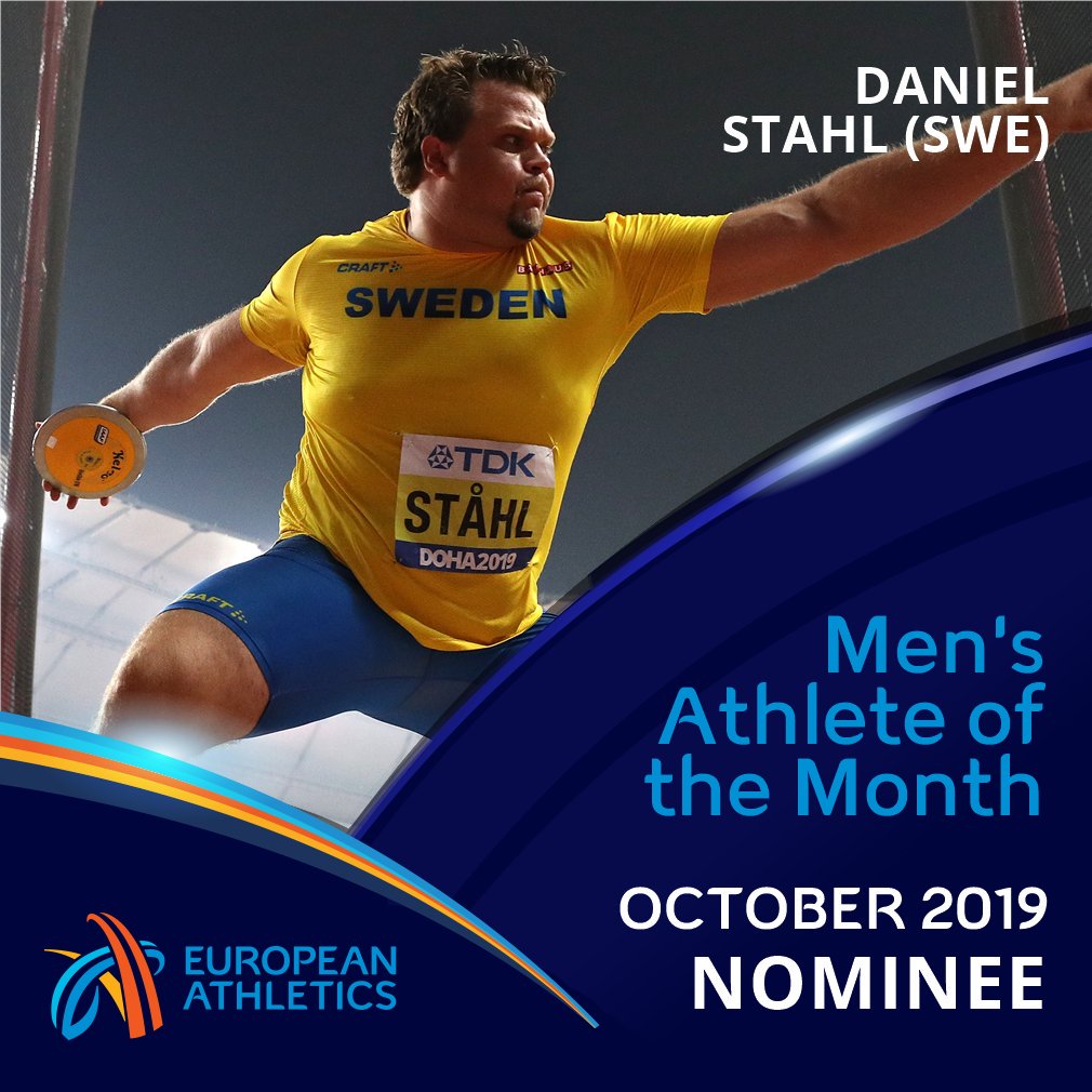 EuroAthletics's tweet image. RT to vote for Daniel Stahl!

Stahl won gold in the discus at the World Championships in Doha.

Voting closes at 12:00pm CET on Monday 11 November.
#athleteofthemonth