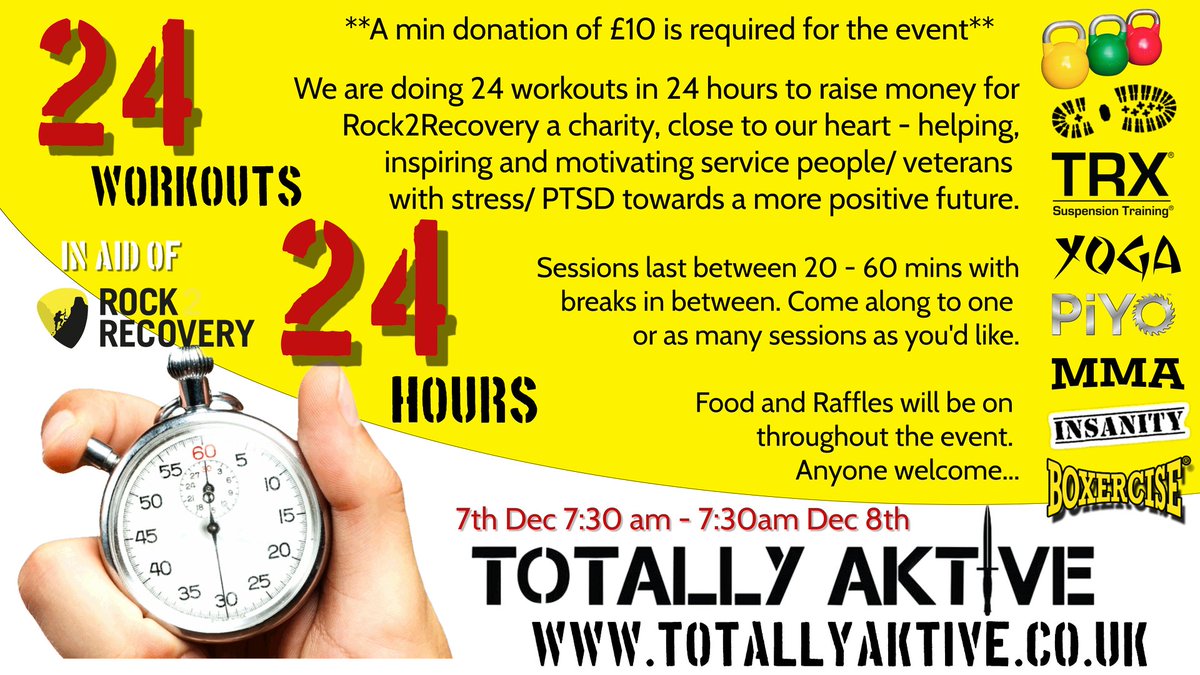 TotallyAktive's tweet photo. 24/ 24 with TotallyAktive - open to everyone.
Raising money for #Rock2Recovery inspires and motivates service people and veterans with stress towards a more positive future. Our coaches change thinking and save lives regularly.
https://t.co/GTweEaRjwk https://t.co/V2GYhZGiDy