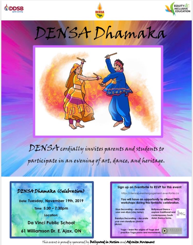 DensaNetwork's tweet photo. DENSA Dhamaka! Join us for an evening of art, dance and heritage! 💃🏾 See flyer for more info. #ddsb #densa #densadhamaka #ddsbequity #ddsbengagement #ddsbwellbeing #durhamdsb https://t.co/vyYMf13fCR