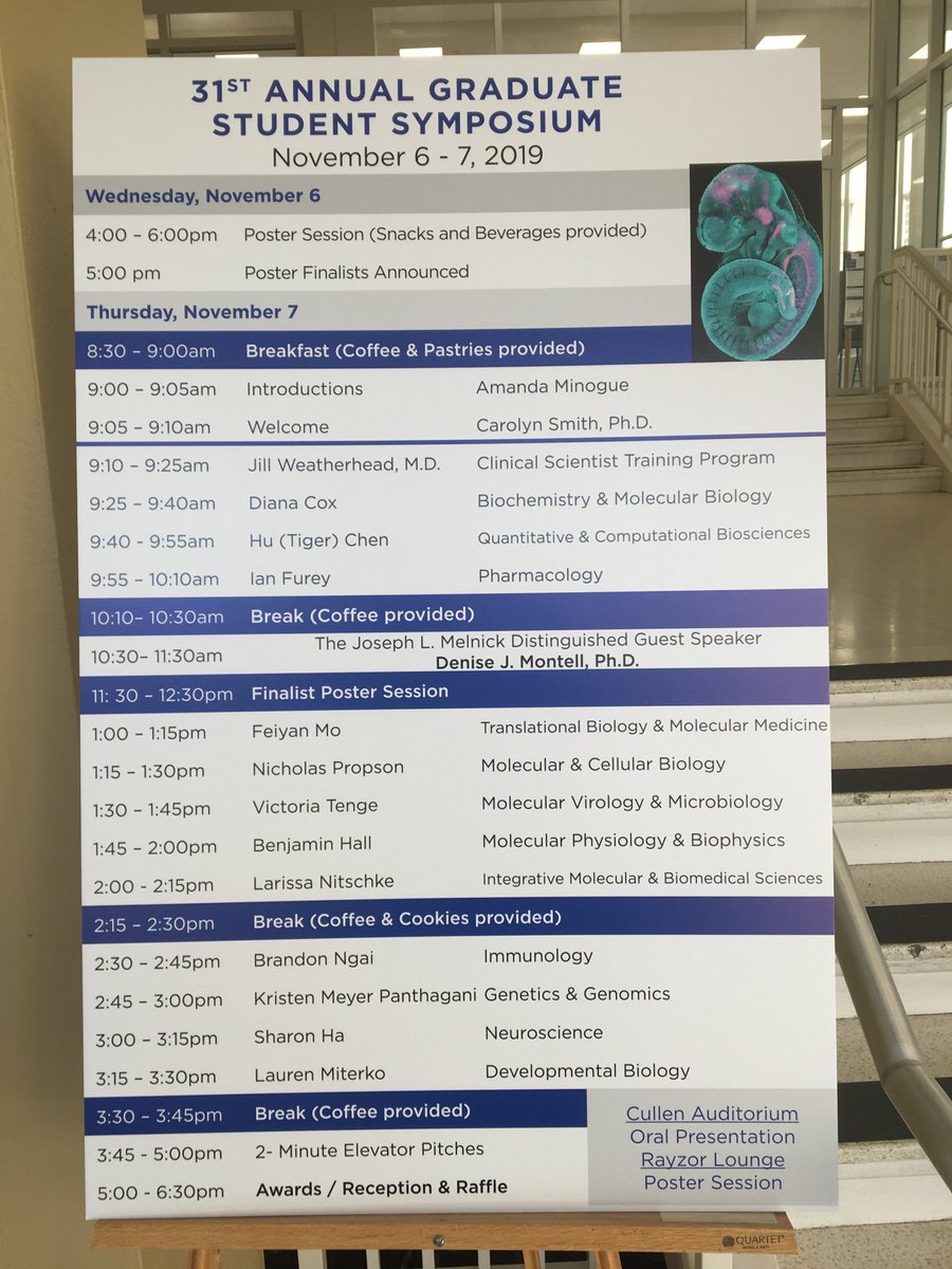 BCMFromtheLabs's tweet photo. The #GraduateStudentSymposium @bcmHouston begins *TODAY* with a 4-6 PM poster session in Rayzor Lounge. Check out the lineup of presentations for tomorrow @BCM_GradDiverse @bcm_careerdev https://t.co/EoeytXWA2T