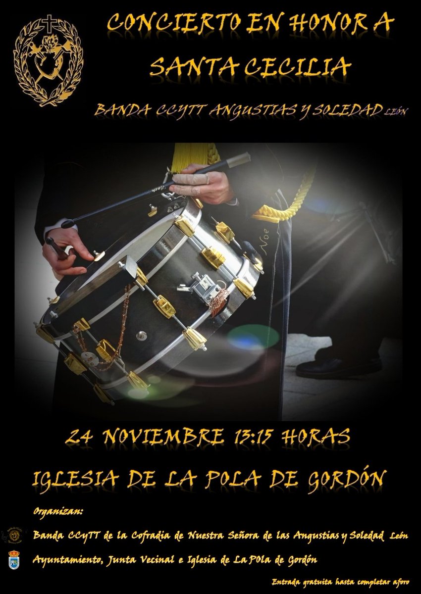 BandaAyS's tweet photo. Concierto en honor a Santa Cecilia 
Domingo 24 de Noviembre 13:15 horas La Pola de Gordón 💛🖤 https://t.co/VNroVwXTZj