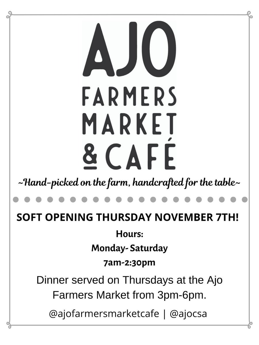 ajocsa's tweet photo. We're back!! Stop by tomorrow from 7am-2:30pm for delicious breakfast or lunch. Farmers Market from 3-6pm. The Ajo Farmers Market &amp; Café will be open Monday-Saturday from 7am-2:30pm #growingourown #farmersmarket #ajofarmersmarketcafe #ajocsa #goodchivesonly #onlyinajo #tasteofajo https://t.co/UwJZMjHvKh