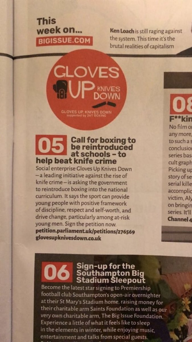 knivesdown's tweet photo. 📰 THE BIG ISSUE 📰 ⠀
⠀
Amazing to be mentioned in the ‘10 big things to do’ feature of this weeks magazine!🥊⠀
⠀
https://t.co/vNaSo5usvr 💻 ⠀
⠀
#GlovesUpKnivesDown⠀⠀⠀
#BRINGBACKBOXING ⠀⠀⠀
#London⠀⠀⠀
#KnifeCrime⠀⠀⠀
#TheBigIssue⠀⠀
#News⠀⠀⠀
#Parliament ⠀⠀⠀ https://t.co/iGpwiqG9Hx