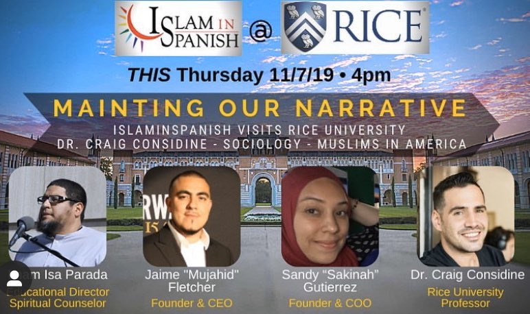 It is always a pleasure to host the @IslamInSpanish family at Rice University. IslamInSpanish has visited my “Muslims in American Society” course every semester since 2016. Students have learned so much from their open & critical approach to knowledge sharing & humanity at large.