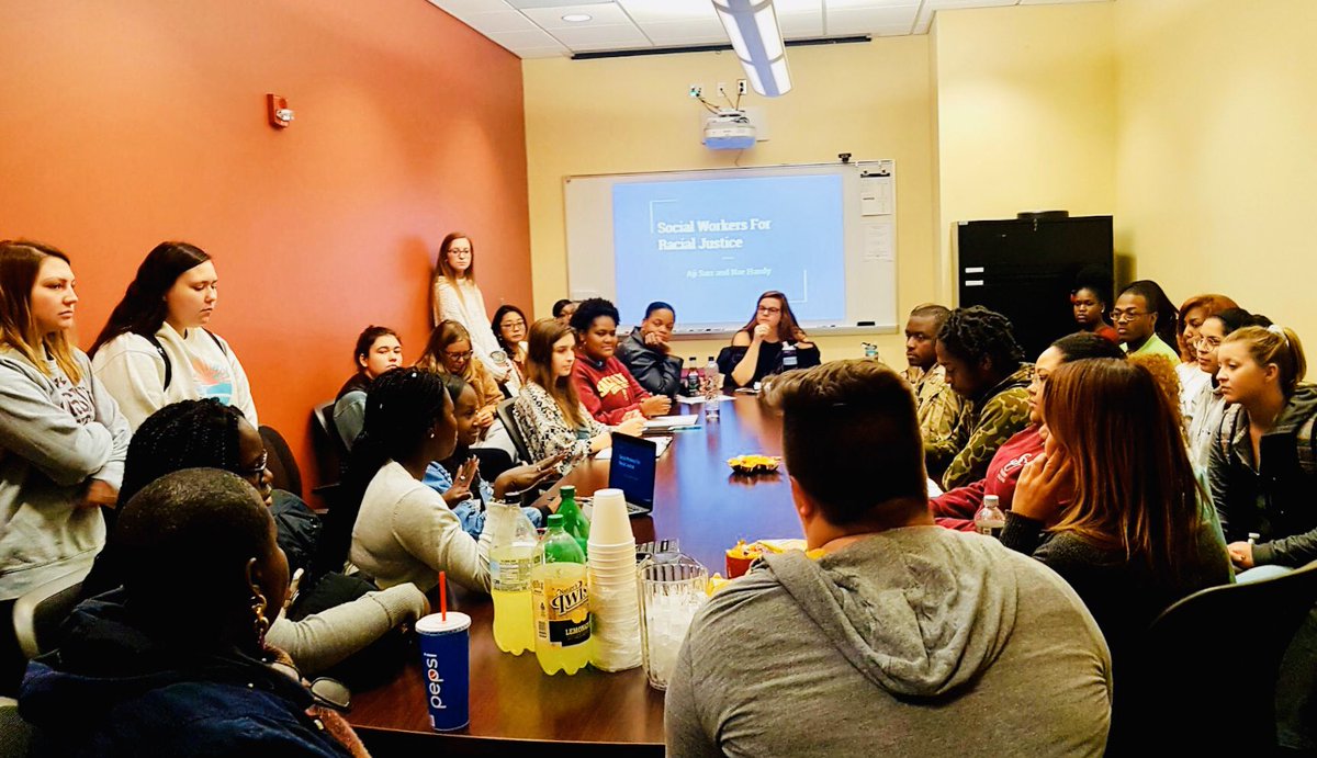 SUSocialWork's tweet photo. Called Social Workers for Racial Justice, students discuss recent racist vandalism &amp; threats on campus. Faculty, including @Jennrjewell Director of SSW, listened&amp; provided support.If U R interested, send a DM. Thanks to our strong student leaders! ✊🏻✊🏼✊🏽✊🏾✊🏿#SUSocialWork https://t.co/cLAiABymWo