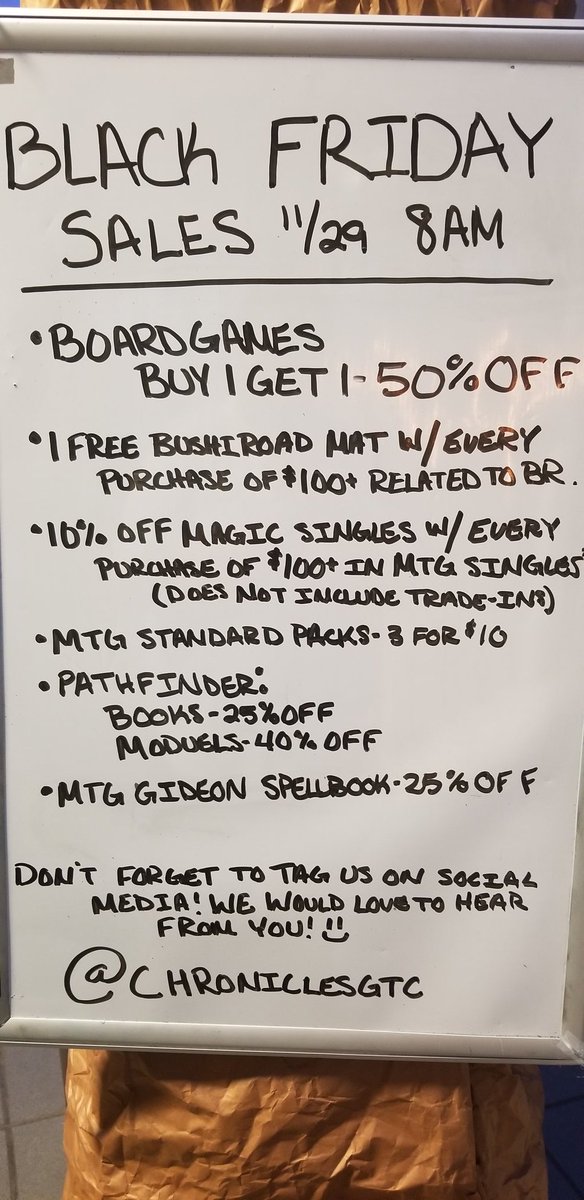 ChroniclesGTC's tweet photo. Black Friday is Coming!!! 
Here are a few of the sales we will be having 11/29 starting at 8AM!
#blackfriday2019 #games #dfwgaming #boardgames #MagicTheGathering #wizardsofthecoast #bushiroad https://t.co/IGRbeyvnYW