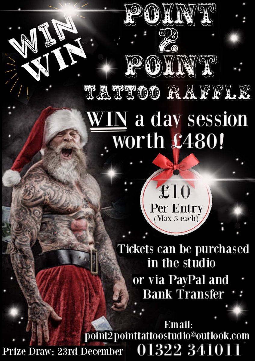 startattooist's tweet photo. We will be doing another #christmas #raffle this year! The lucky winner will win a #tattoo #daysession worth ยฃ480 with an #artist of their choice. ยฃ10 per ticket!
#point2point #tattoostudio #erith #kent #southlondon #southeastlondontattoo #winatattoo #winner #tattoogiveaway #free https://t.co/M1HmMDh6Hy