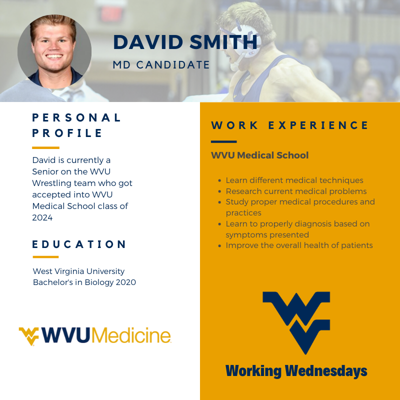WVUSAAC's tweet photo. "The current opioid epidemic claims the lives of millions and has inspired me to find alternative treatments to reduce chronic pain. I aspire to make improvements in treatments to give patients the best quality of life"-@Its_KingDavid of @WVUWrestling #WorkingWednesdays https://t.co/goMwBWnROq