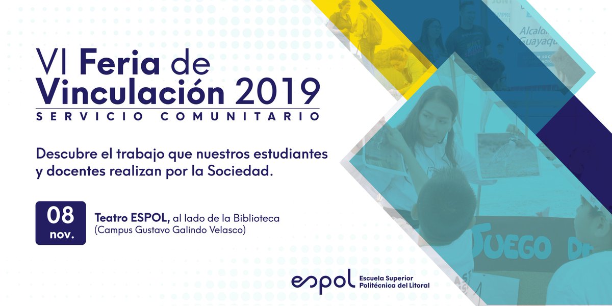 espol's tweet photo. El viernes 8 de noviembre celebramos el trabajo realizado por más de 1000 estudiantes y 200 docentes politécnicos, quienes han puesto en práctica sus conocimientos en proyectos que beneficien a la sociedad ¡te esperamos! https://t.co/saQ1bQCnfq