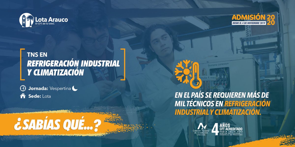 CFTLotaArauco1's tweet photo. ¿Sabías qué...? Según los datos entregados por el Ministerio de Medio Ambiente, en el país se requieren más de mil técnicos en Refrigeración Industrial y Climatización.
Estudia TNS en Refrigeración Industrial y Climatización en el CFT Lota Arauco. 
#cftdelaudec #acreditadox4años https://t.co/F8X2ERGpcd