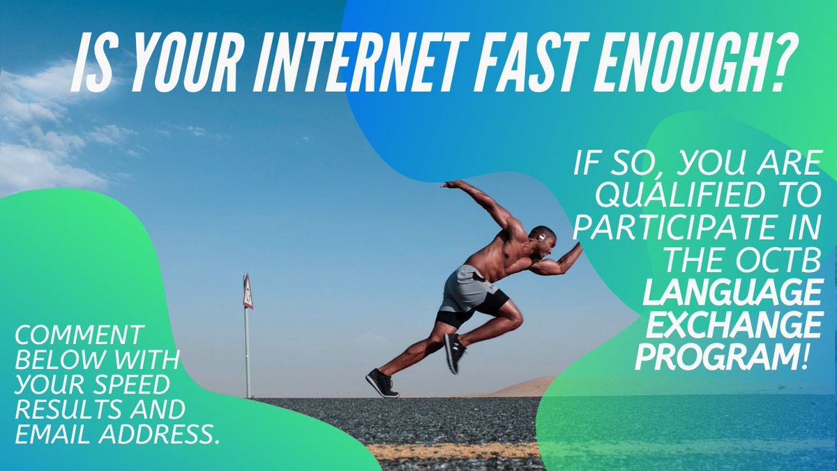OvercometheBarr's tweet image. Is your Internet fast enough? If so, you can participate in the OCTB language exchange program! Take this speed test and comment below with the results and your email address:  buff.ly/33hJjpl #internet_speed #OCTB_requirements #qualifications_octb #language_exchange