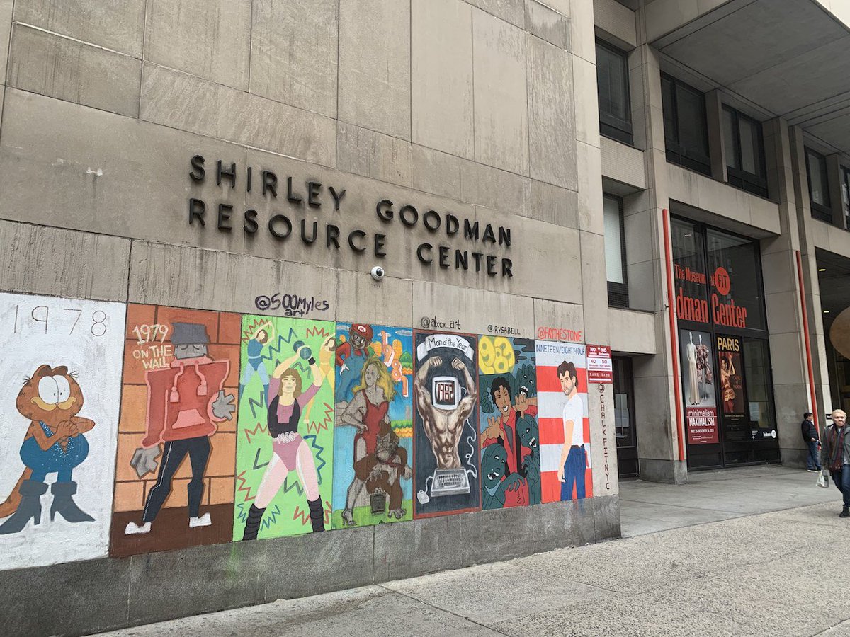 museumatFIT's tweet photo. The @FIT Illustration Department created bold, colorful murals outside the #museumatfit and the surrounding campus. Visit our galleries to see #ParisCapitalofFashion and #MinimalismMaximalism then explore these students murals along 7th Ave. #ChalkFIT https://t.co/BstTJCbvy0 https://t.co/D50z3ZH5d2