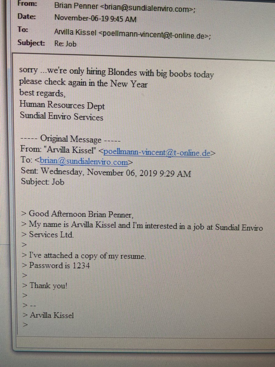 PennerBrian's tweet image. I&apos;m quite certain she didn&apos;t mean to attach an executable file as a resume. #hackoff