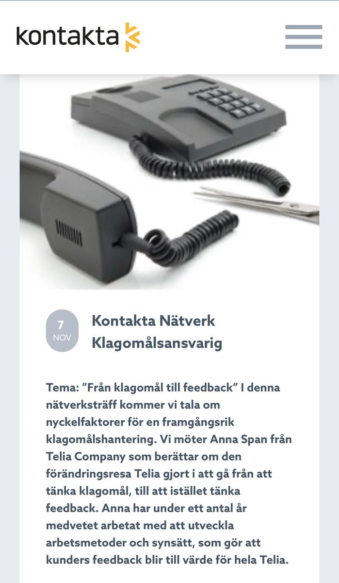 Imorgon hos Kontakta pratar jag om Hur vi på <a href="/TeliaSverige/">Telia Sverige</a> gått från klagomål  till feedback och vad det innebär för medarbetare och framförallt kunder 💜.