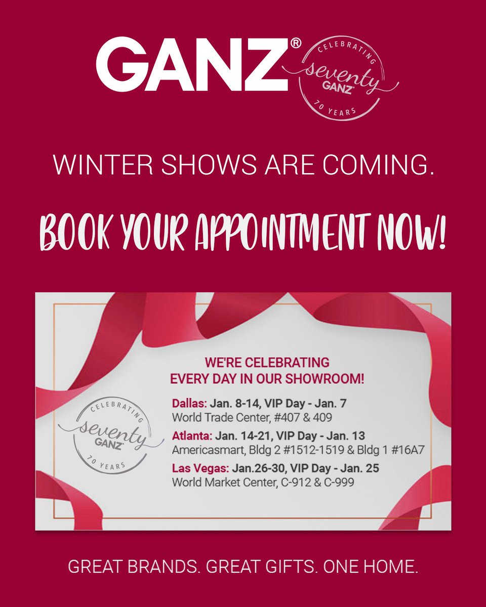 Make a date for Winter Shows right now--Book an Appointment! New products, show specials, celebrate our 70 years--all with one visit! #makeadate #tradeshows #ATLMKT #LVMKT #DALLASMKT #Americasmart #gifts #giftideas #giftsforher #giftsforhim #homedecor #apparel #holiday