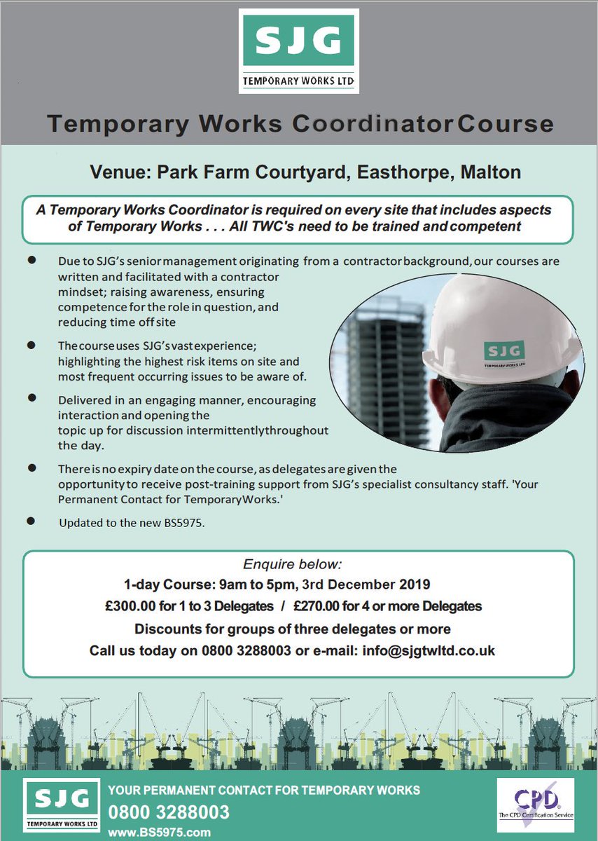 BS5975's tweet photo. We are holding a TWC course 3rd December 2019 in Malton The Course is to the new BS5975: 2019. For further information or to book please send an email to info@sjgtwltd.co.uk
#TWC #BS5975 #Training https://t.co/D51laLZJ5Y