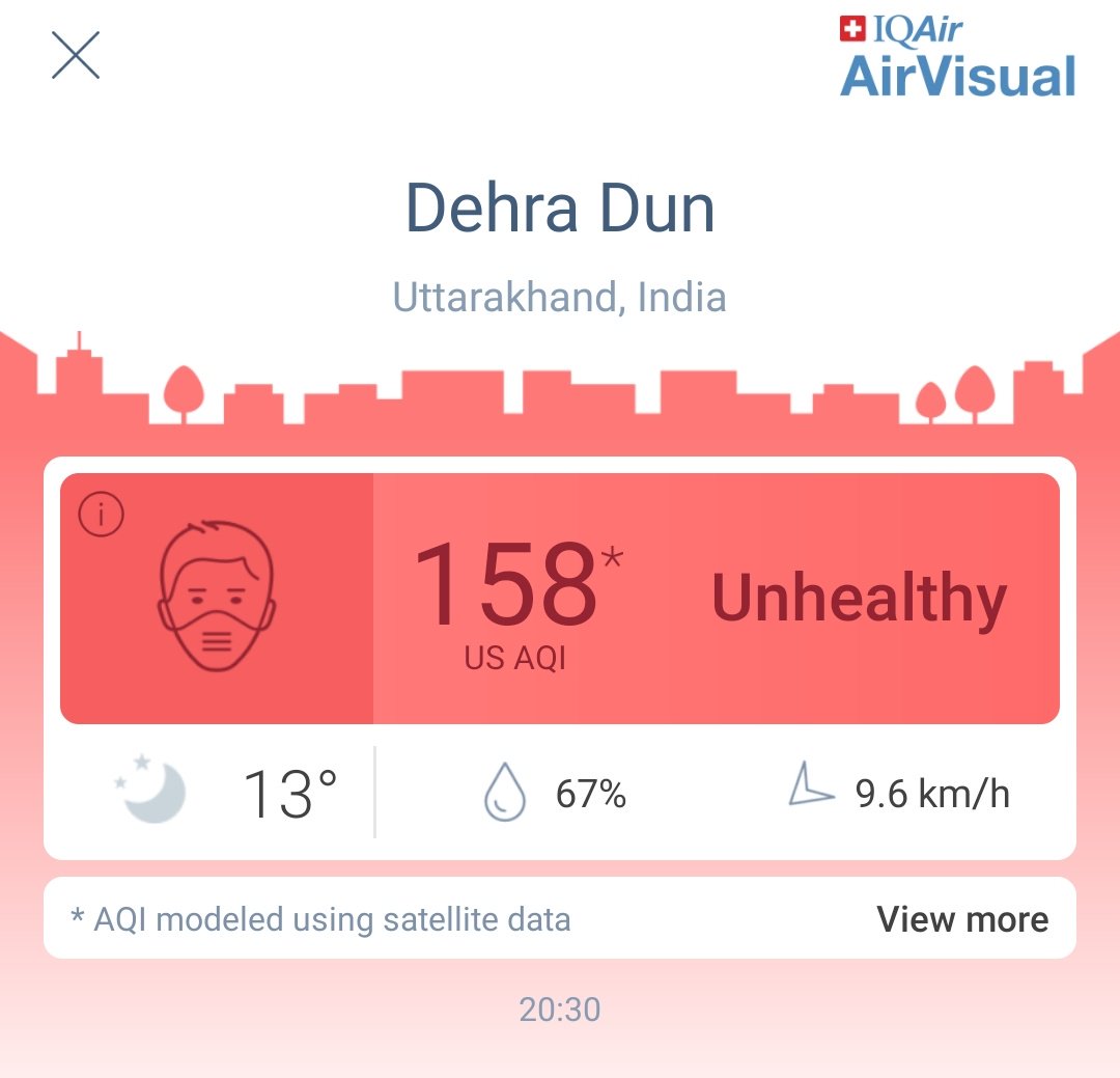 sayyad_arshi's tweet photo. देहरादून शहर का #AirQualityIndex दर्शा रहा है कि लगातार बढ़ता #AirPollution देहरादून वासियों के लिए चिंता का विषय है, मुख्यमंत्री @tsrawatbjp जी इस ओर ध्यान दे। वनाधिकार आन्दोलन के संयोजक @KupadhyayINC जी इस विषय में सरकार से वार्ता कर #CleanDoon #GreenDoon के संकल्प को याद दिलाए https://t.co/czTqBAB7Kh