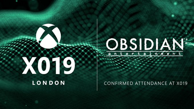 The X019 and Obsidian logos are placed side by side on a green and black textured background. Text Reads: X019 London. Obsidian. Confirmed Attendance at X019.