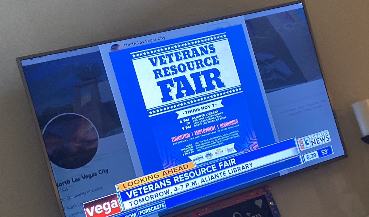 WCNevada's tweet photo. Thanks @KTNV for mentioning the #VeteransResourceFair tomorrow from 4pm to 7pm at Aliante Library!  Resume help, mock interviews, on-site  interviews w/ employers &amp; more @ArmedForcesCham @CNLV @JobConnectLV https://t.co/UgnMib9WKK