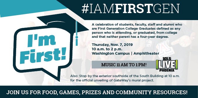 gatewayaz's tweet image. #ICYMI ... Join us for our #IAmFirstGen celebration tomorrow Nov. 7 from 10 a.m. - 2 p.m. @live1015phoenix will be on-site providing all the jams! #Free and open to all.