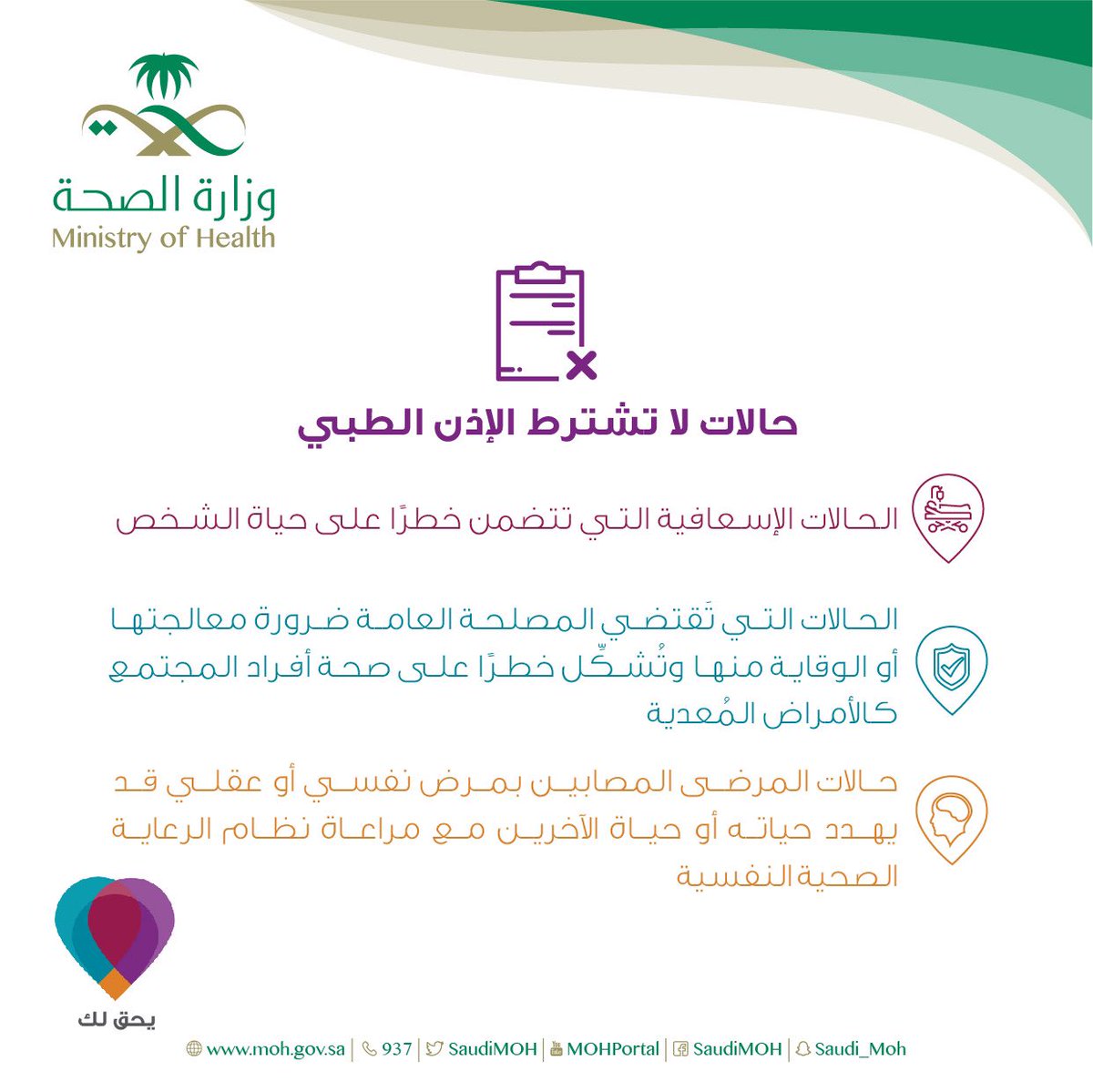SaudiMOH's tweet photo. لا يشترط الإذن الطبي في هذه الحالات.
#يحق_لك https://t.co/SIP8RYWHeO