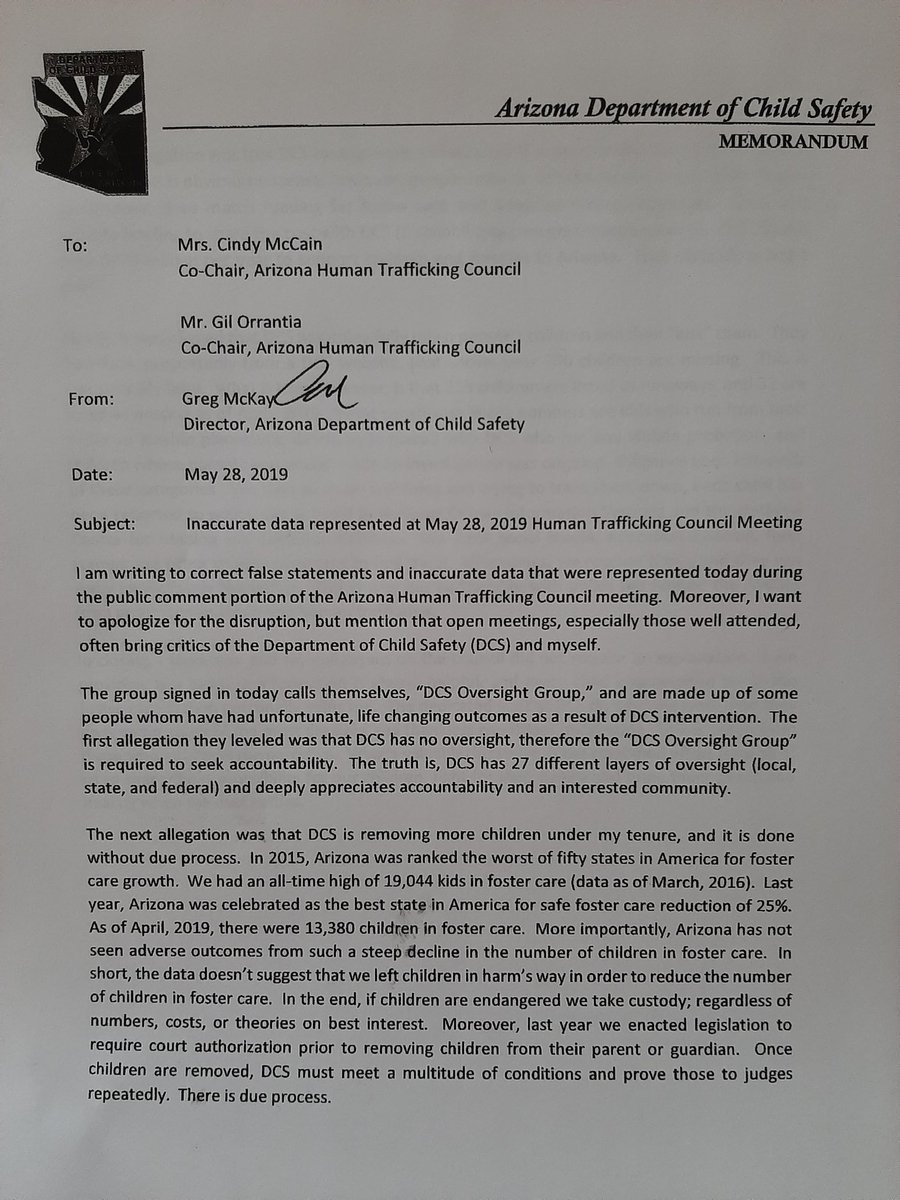AZDCSWarriors's tweet photo. What is #gregmckay covering up? Within days after submitting this memo to AZ "Human  Trafficking" Council he "stepped down" from being  #AZDCS head honch. Where is he now? Where's his face on ChildHelp website? @BarnettforAZ @forloveofJ @USHEMP @child_protector @ACFHHS @mikevolpe https://t.co/apVCm8idCO