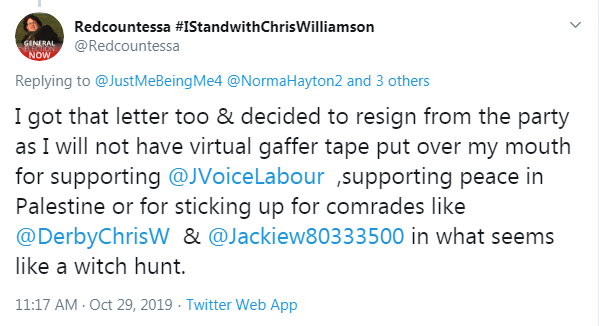 cquilty52's tweet photo. I would like to thank everyone for the messages of support over my decision to quit the Labour party and stop voting Labour in protest at the treatment of Chris Williamson.

It is heart-warming to know many fellow comrades feel the same https://t.co/58Yk3Kr5Td