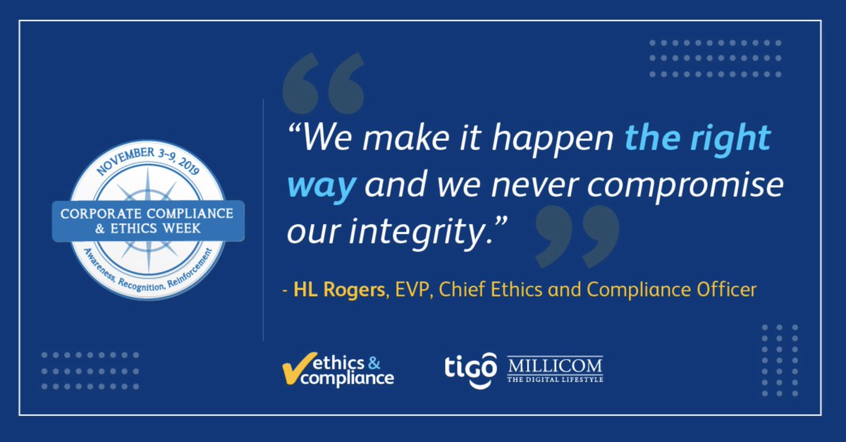 Millicom's tweet photo. At #Millicom we assign the highest priority to uphold compliance &amp; standards across all levels of the organization and to reinforce a culture of compliance that is practiced by every employee, across all ranks, with no exceptions. https://t.co/gfL4PMSxKS  #TIGO @SCCE @hl_rogers https://t.co/MtCukfUp9X