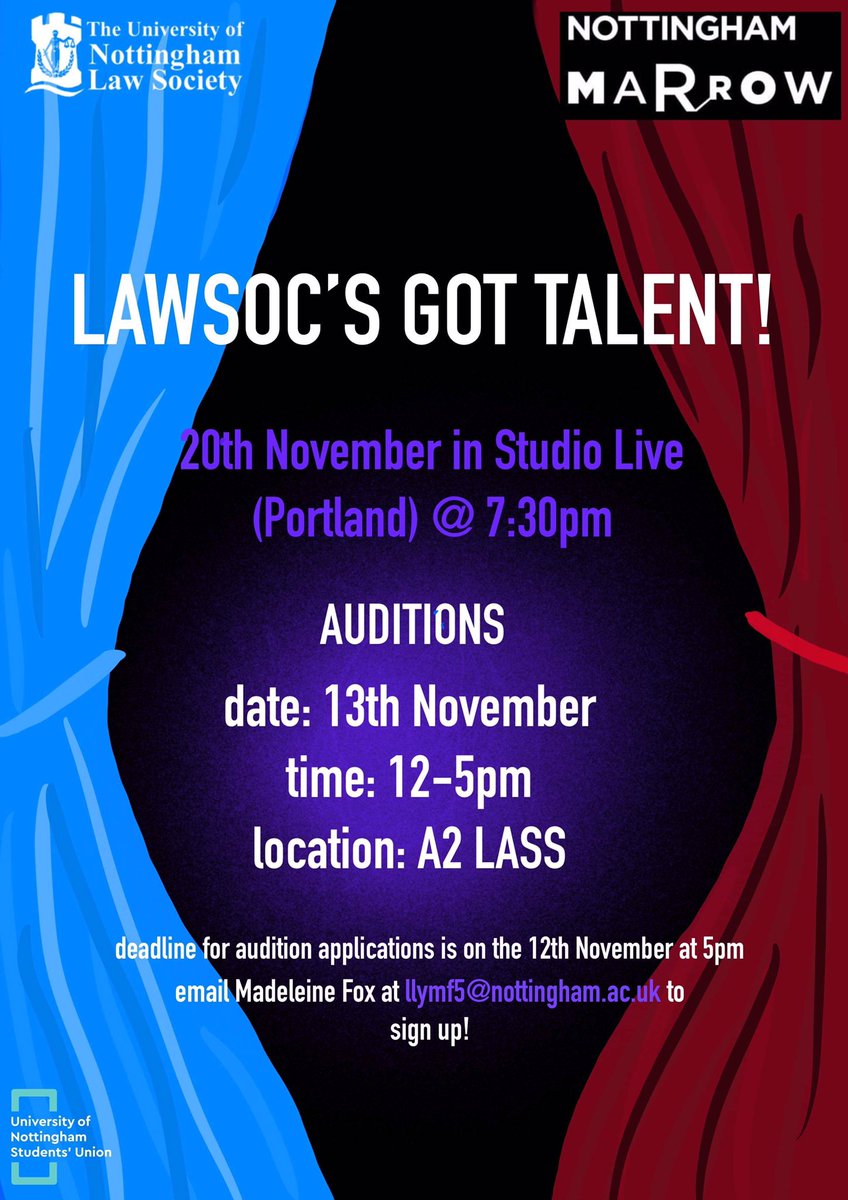 We can finally announce our first event in official affiliation with LawSoc❤️ If you think you’ve got a talent that we need to see, contact llymf5@nottingham.ac.uk by 5pm on November 20th 🖤 OR if you want a great night, meet us at 7:30 in Studio Live on November 20th!💙