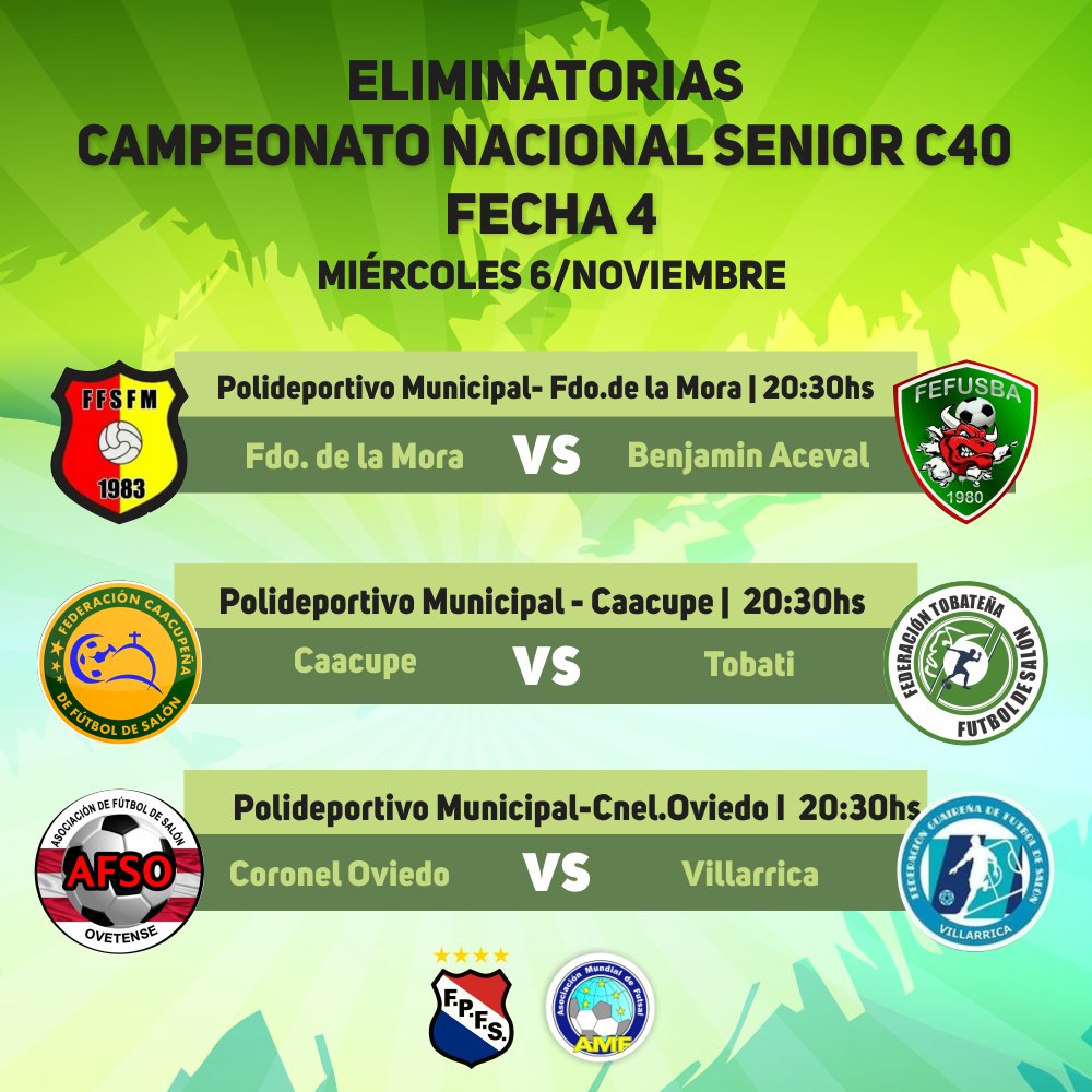 fpfs_py's tweet image. Resultado de la tercera fecha.
Programación para la jornada de hoy miércoles 6 de noviembre "ELIMINATORIAS CAMPEONATO NACIONAL C40"
#futboldesalon