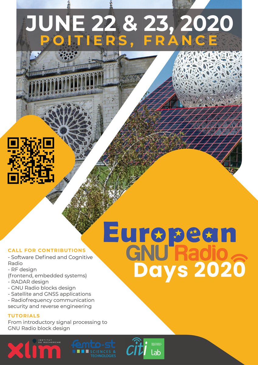GNURadioDaysEU's tweet image. Call for inscriptions and contributions! European GNU Radio days June 22&amp;amp;23 2020 in Poitiers, France. Oral presentations, demos, tutos and hands-on sessions. Save the date! Inscriptions and more informations: gnuradio-eu-20.sciencesconf.org  #GNURadioDaysEU #SDR #radar #gnss