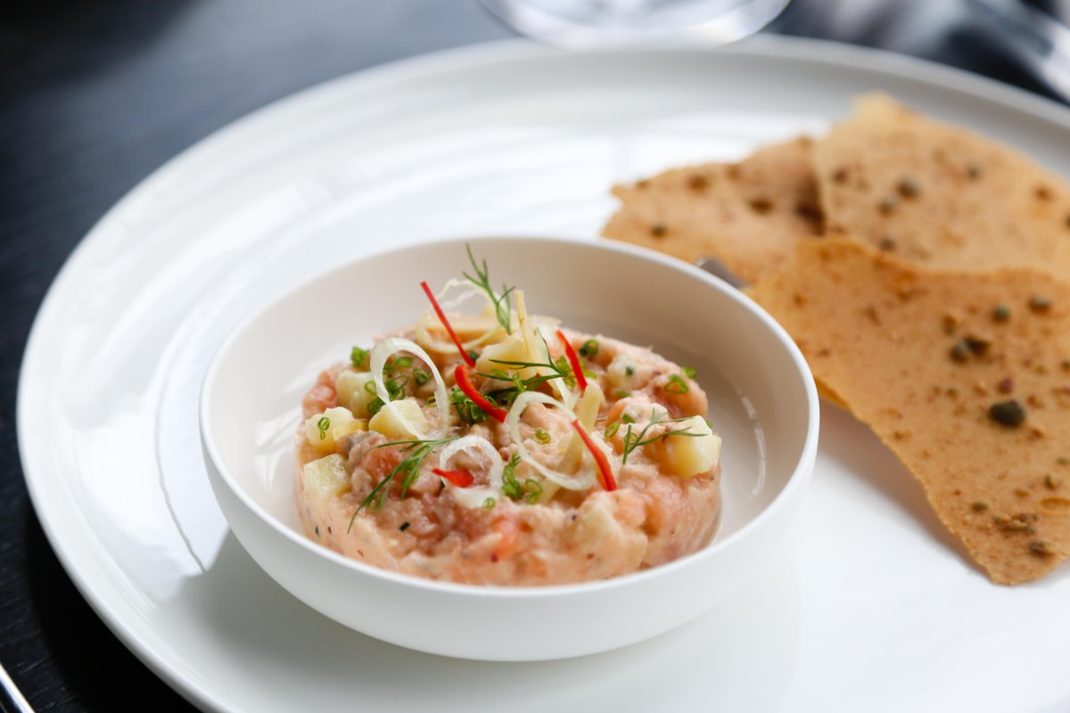 Confit trout rillettes, citrus jelly, dill and mustard from Fenchurch Head Chef George Farrugia.