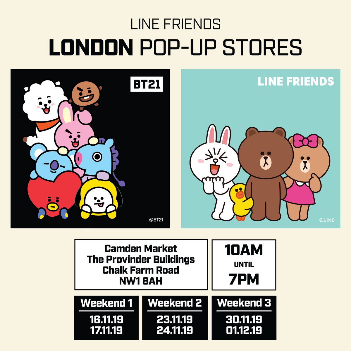 💬⚠️ The #BT21 Pop Up Store re-opens their doors in London (Camden Market) for 3 weekends!  🇬🇧

Each weekend there will be a different exclusive delivery of products 👀

How cool!!! Who is going? ☺️

#BTS #MAMAVOTE <a href="/BTS_twt/">방탄소년단</a>